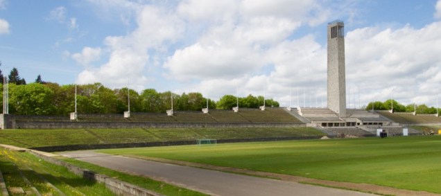 Maifeld grandstands and Olympic Belltower. Fuhrer's Lodge is below the tower.