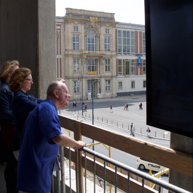 Looking out at the old City Palace's Liebknecht portal, integrated in the GDR's Staatsrat building