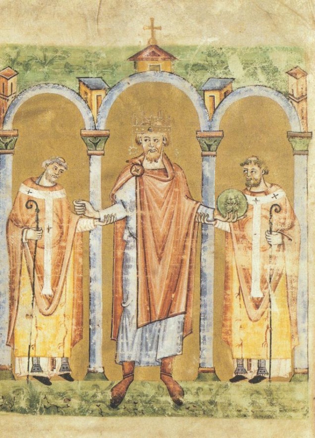 Emperor Henry II entering a church, accompanied by two bishops. Staatsbibliothek Bamberg, Msc. Lit. 53, fol. 2v